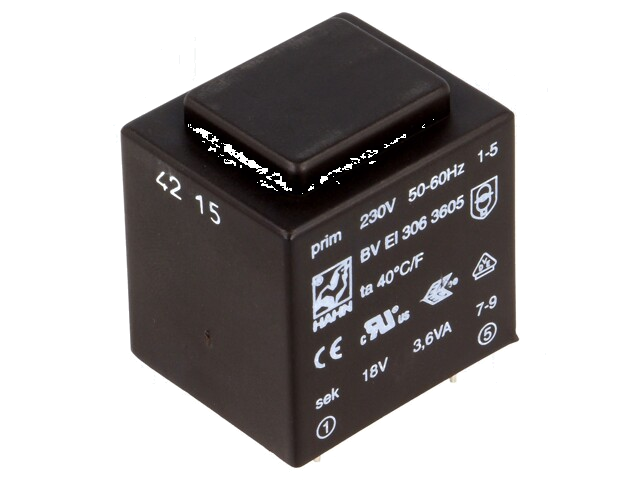 Transformator: ingegoten; 3,6VA; 230VAC; 18V; 200mA; PCB; BVEI Transformator: ingegoten; 3,6VA; 230VAC; 18V; 200mA; PCB; BVEI
